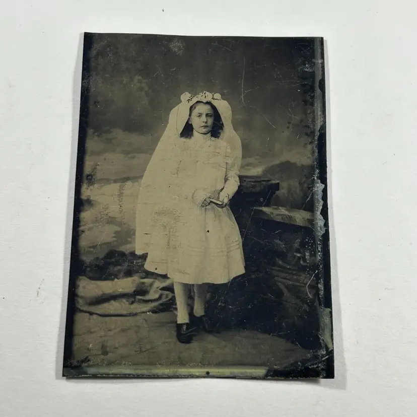 Tintype Girl Holding a Book Confirmation White Dress and Veil Catholic Church