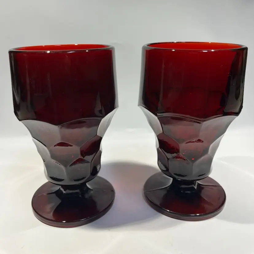 Anchor Hocking-  Georgian Royal Ruby Red -Pedestal Glasses- Pair- 5.5” Tall