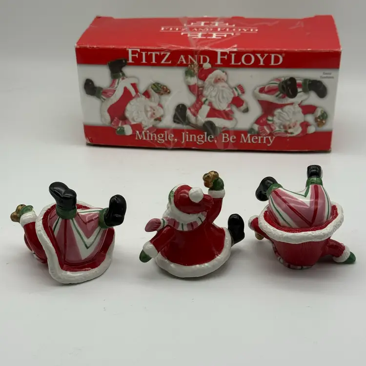 Vintage Fitz And Floyd Be Merry Santa Tumblers, Mingle, Jingle, Be Merry In Box