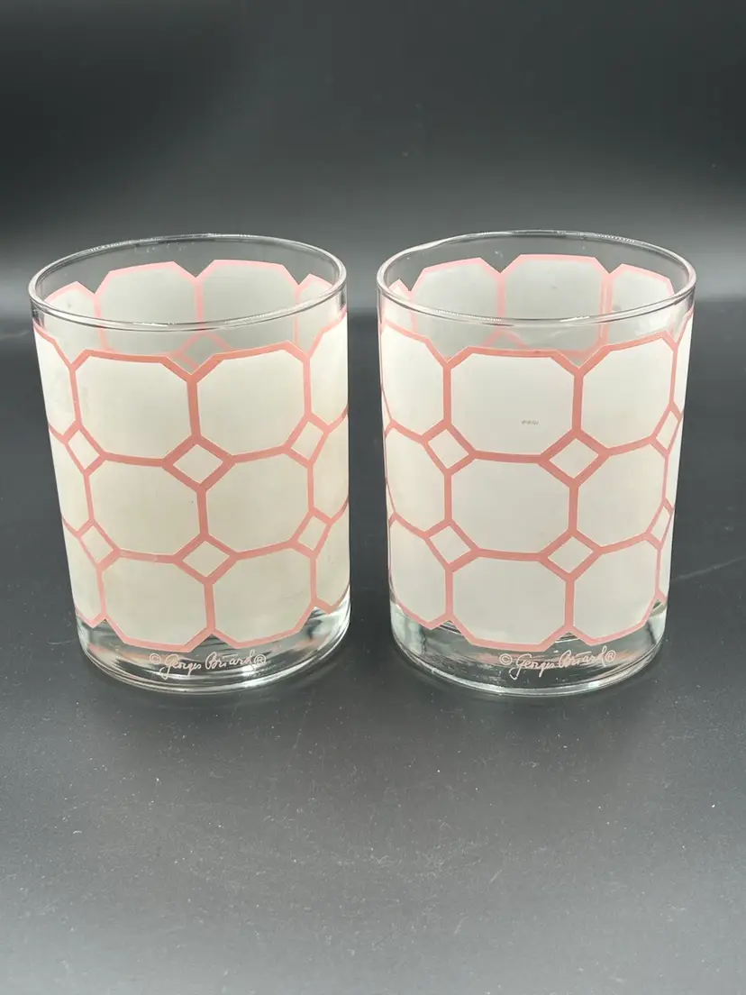 2 Georges Briard MCM Rocks Cocktail Pink And White Block Glasses