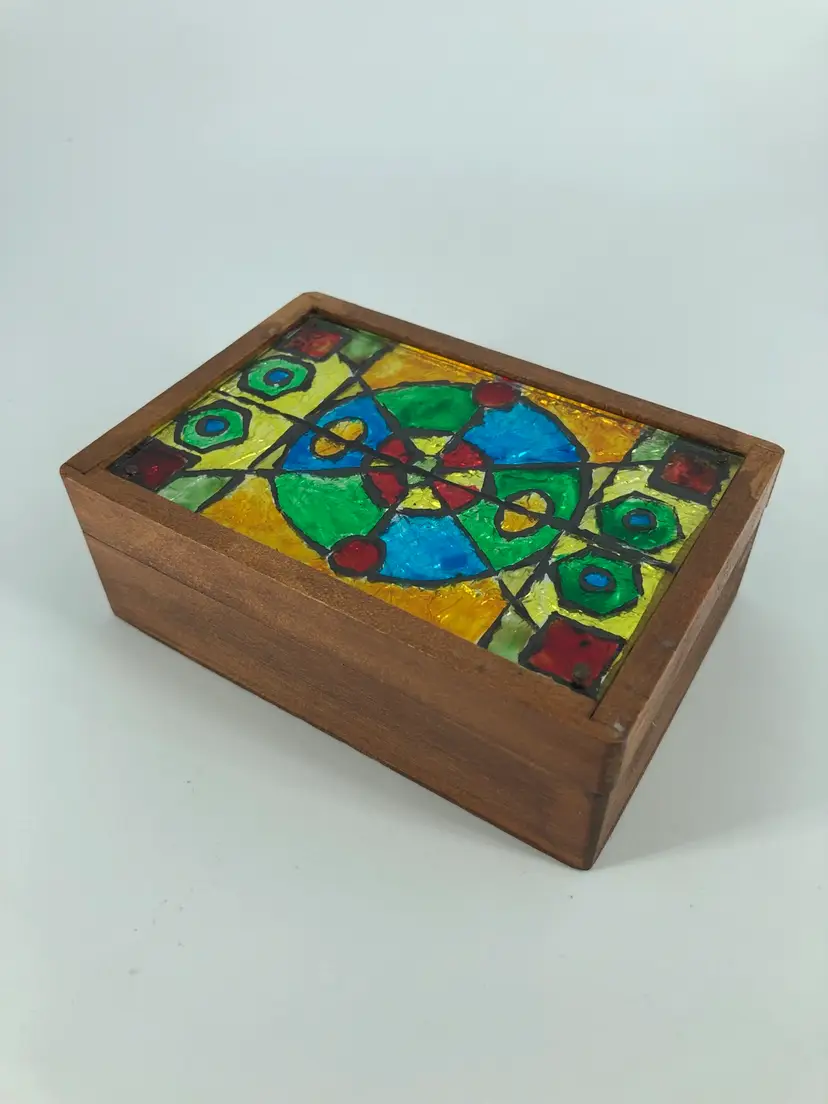 Vintage Reverse Painted Foil Mosaic Wooden Jewelry Box