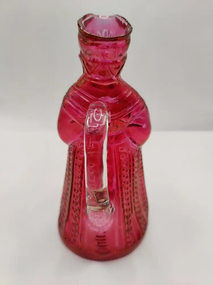 1970's Kanawha Iridescent Cranberry Stained Glass Colonial Woman Pitcher