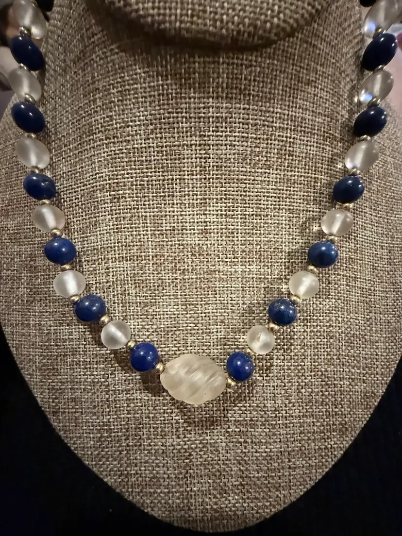 Vintage Lapis Lazuli Beads And Carved Rock Crystal Necklace, 14k Clasp And Beads