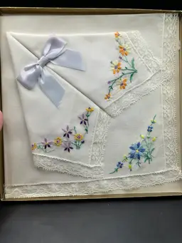Ladies Fine EMBROIDERED HANDKERCHIEFS, Boxed Set of 3, Blue, Pink and Purple Floral design, 100% Cotton, Vintage 1960s