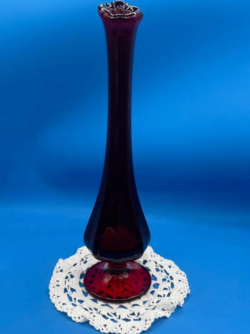 Fenton 11 1/2” Ruby Red Swung Vase W/ Paneled Sides And Pedestal Base VTG 1970’s