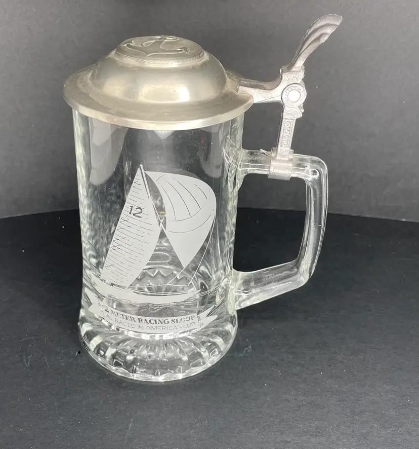 Vtg West Germany Etched Glass Beer Stein Racing Sloop Pewter Lid Nautical