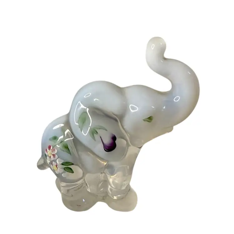 Fenton Elephant Figurine Hand Painted Opalescent Pink Lavender Floral Trunk Up Signed
3.75” T x 3” L x 1.26 W