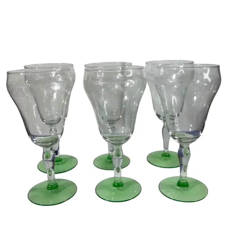 009. Six Vintage Tiffin Green Uranium Glass Stemmed Art Deco Needle Etched Wine Goblets