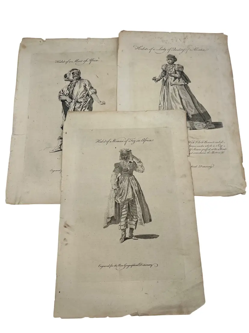 Set of 3 Antique 18th Century Engravings from New Geographical Dictionary African Costume Prints Moor Fez Lady of Quality Africa