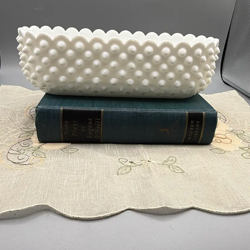 #01 Vintage Fenton Hobnail White Milk Glass Oblong Planter - 10" Scalloped Edge 10”x4”x3.5”