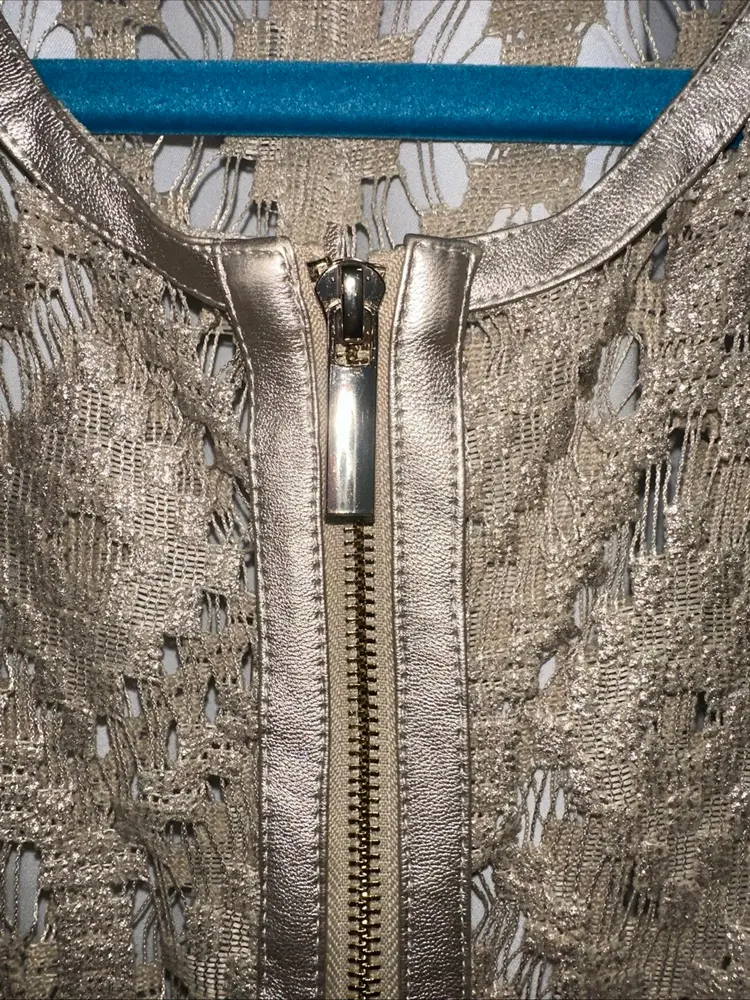 #1676 NWT Bagatelle Woman Metallic Gold Cut Out Lace Zip Up Evening Jacket Classic Style