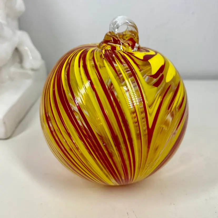 Hand-Blown Pulled GLASS ORNAMENT Red-Yellow FEATHER PATTERN Heavy 4.5” CHRISTMAS ORB