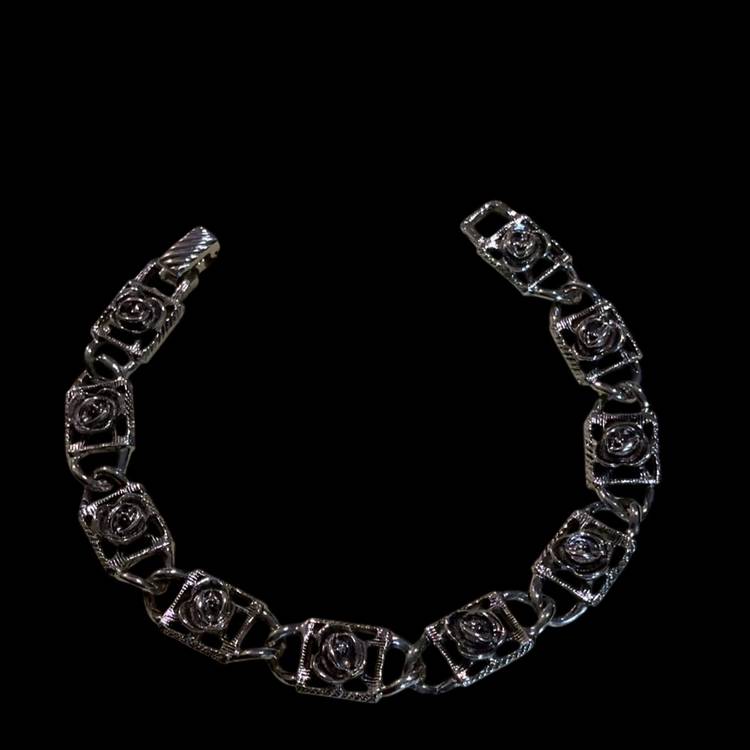 Lot Of Two Beautiful Vintage Silvertone Sarah Coventry Link Bracelets . Silvertone Square Rosette Link Bracelet & Silverstone Round Motif Link Bracelet. Both Flood Over Closures.