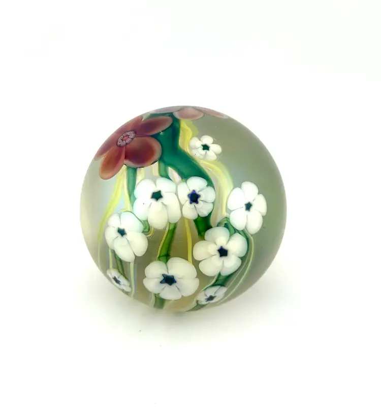 Signed 1984 Orient & Flume Floral Glass Paperweight 3”x 3”