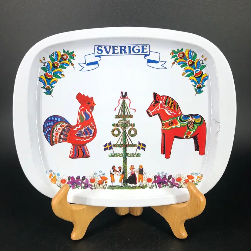 Vintage Swedish Tin Tray with Dala Horse and Rooster