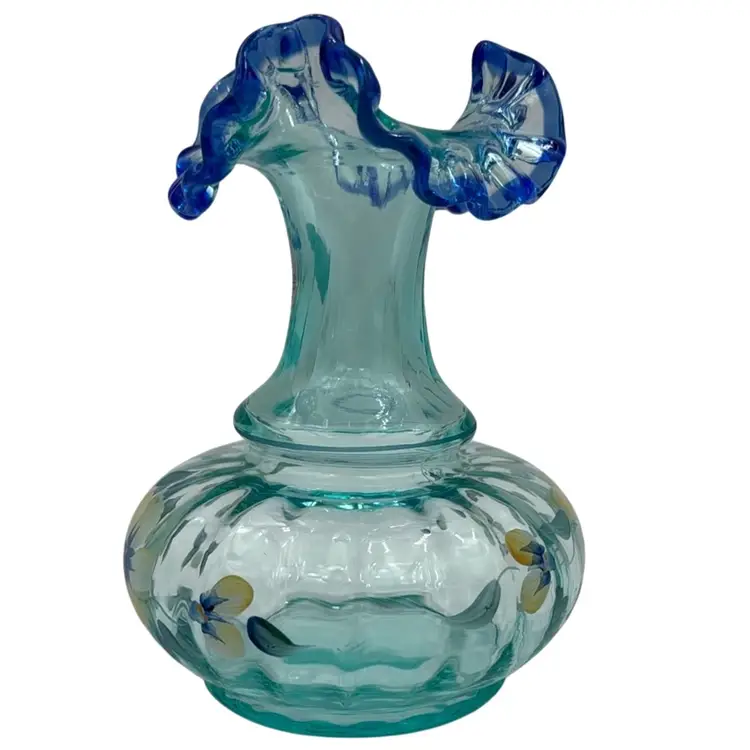 #01 Fenton Hand Painted Floral Glass Face With Blue Ruffle hand painted by D Thorton has makers mark