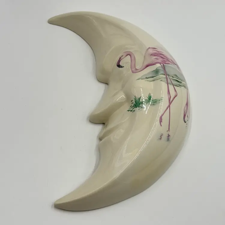 Crescent Moon White With Face Wall Decor Hand Painted Pink Flamingos