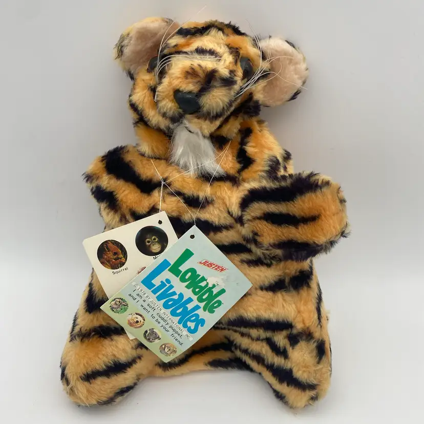 Lovable Livables Tiger 12" Plush Puppet - 1978 Justen New Old Stock w/ Tags