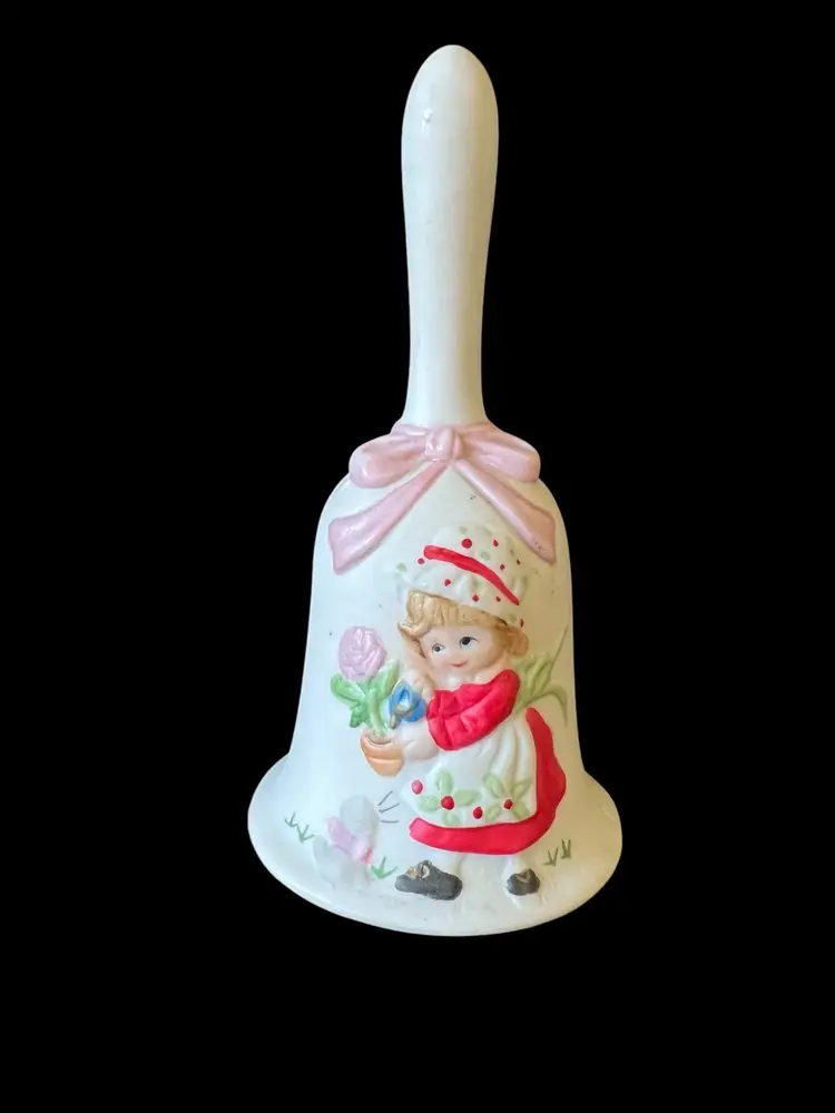 Vintage Jasco Girl Cat Watering Flower Bisque Porcelain Bell
