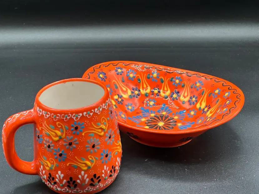 Orange Turkish Pottery Raised Design Dipping Bowl Trinket dish & Coffee Mug Hand painted Handmade