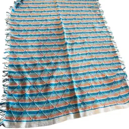 007 Vintage Handmade Southwest Peach Blue And White Fringe Afghan