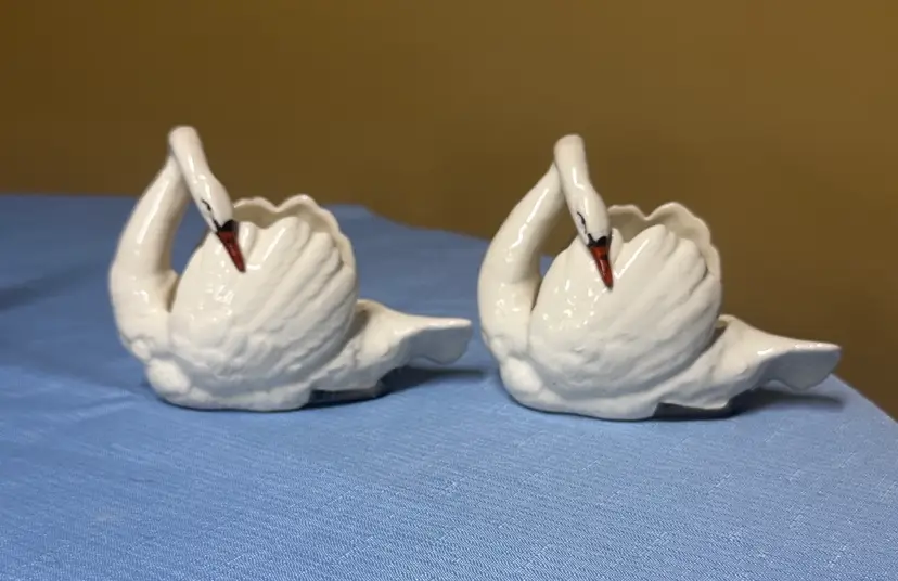 Czechoslovakian Porcelain White Swan Figurine Bowls set of 2 Circle Stamp Czech