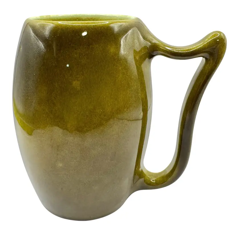 Vintage Signed Ann Ceramic Pottery Coffee Tea Mug Cup Olive Green Handle 16oz 5”