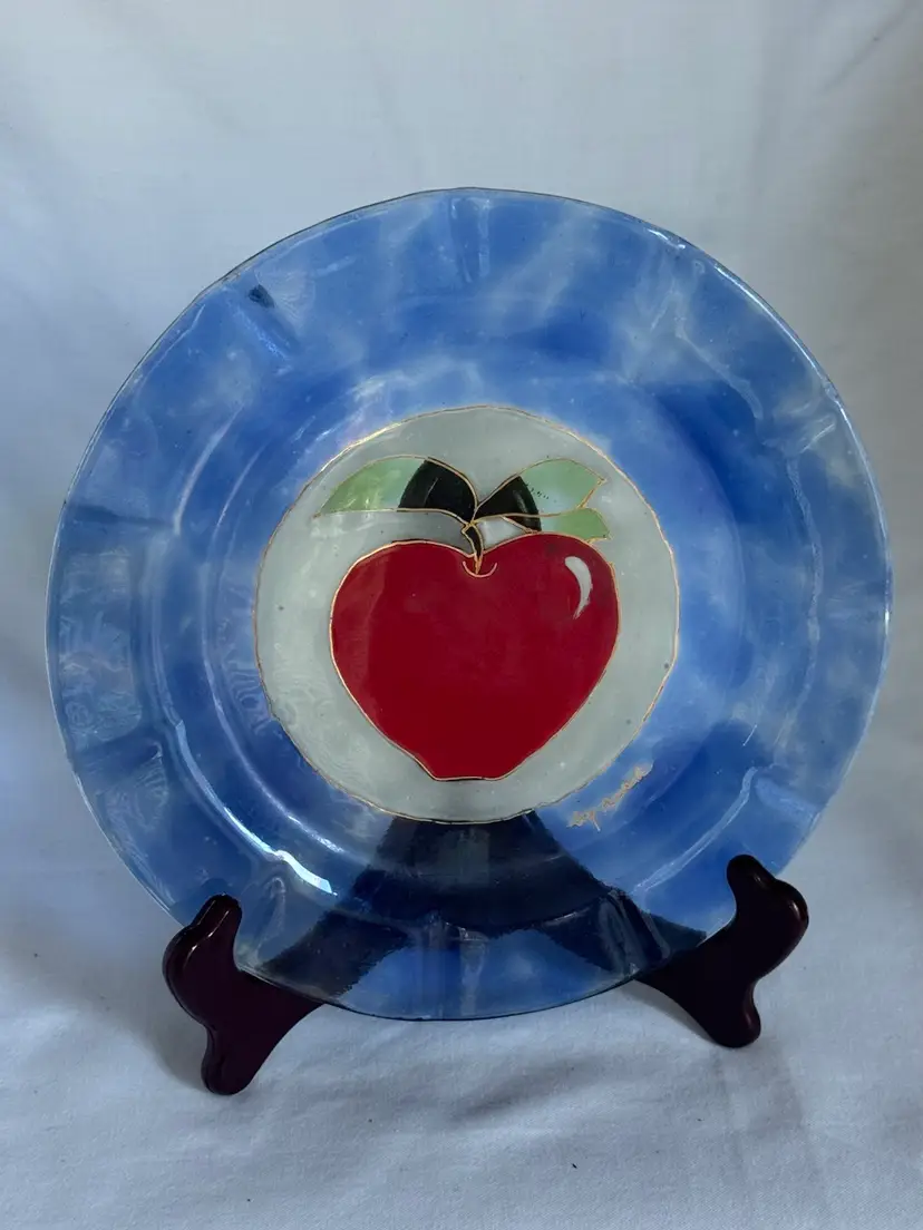 Hand Painted Glass Plate Apple Design w/Gold Accents Signed 7.75” Diameter - Signed