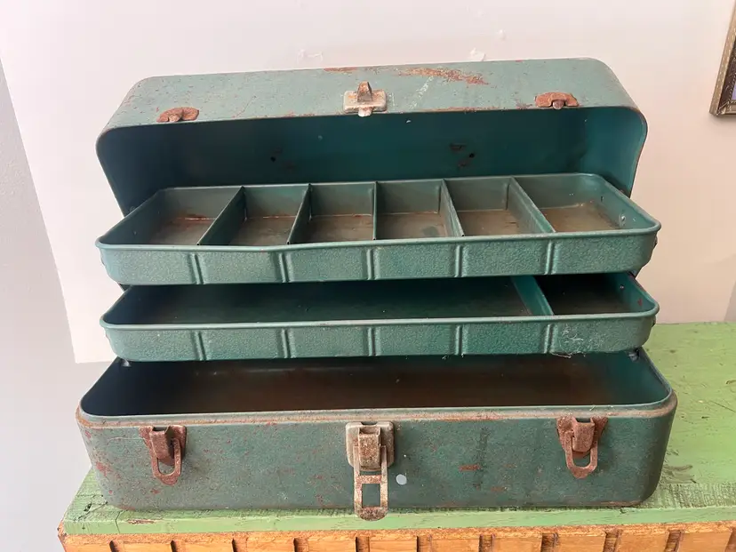 Green My Buddy Metal Tackle | Tool Box. Retro Industrial Mid Century. Cantilever Tray
