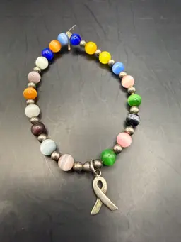 Colorful Cat Eye & Sterling Silver Beaded Vintage Stretch Bracelet W/ Cancer Awareness SS Charm 3”