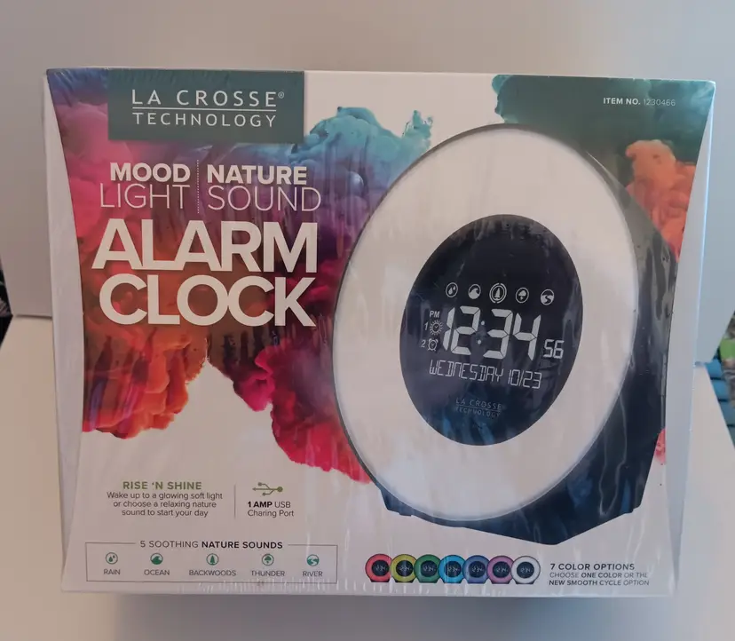 La Crosse 7 Color Mood Light LCD Alarm Clock with Nature Sounds USB charge RAM