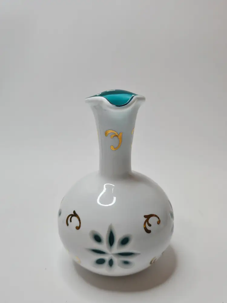 Vtg Bohemian Czech Glass White Cut To Blue Cruet Applied Clear Handle