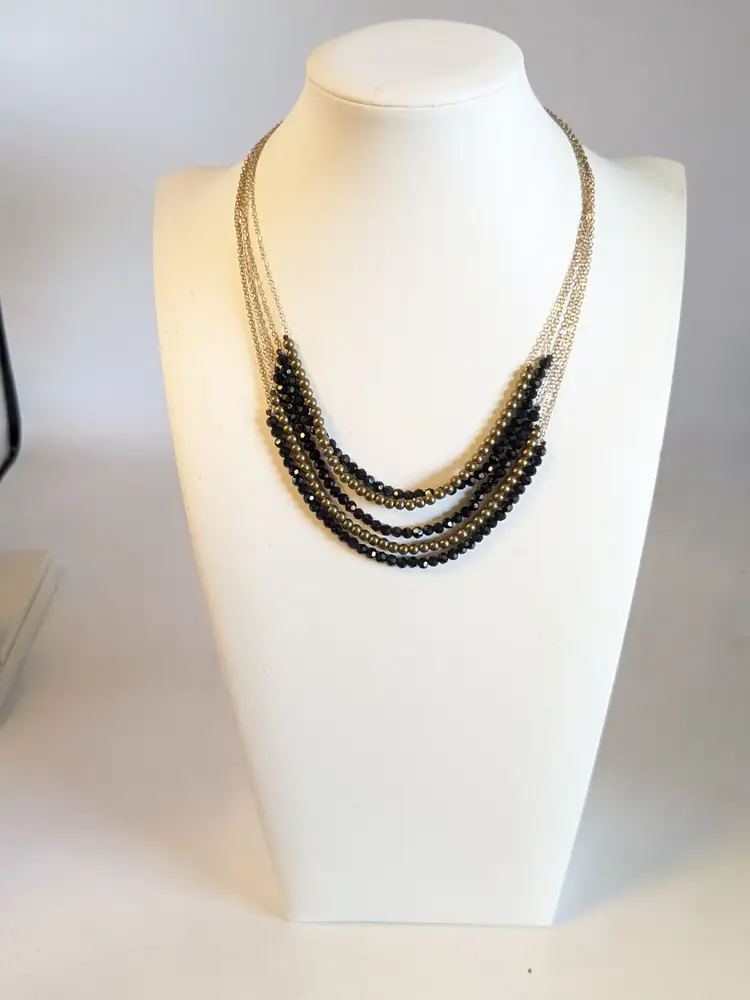 Multi Strand Layered Gold Tone Black Beaded Necklace