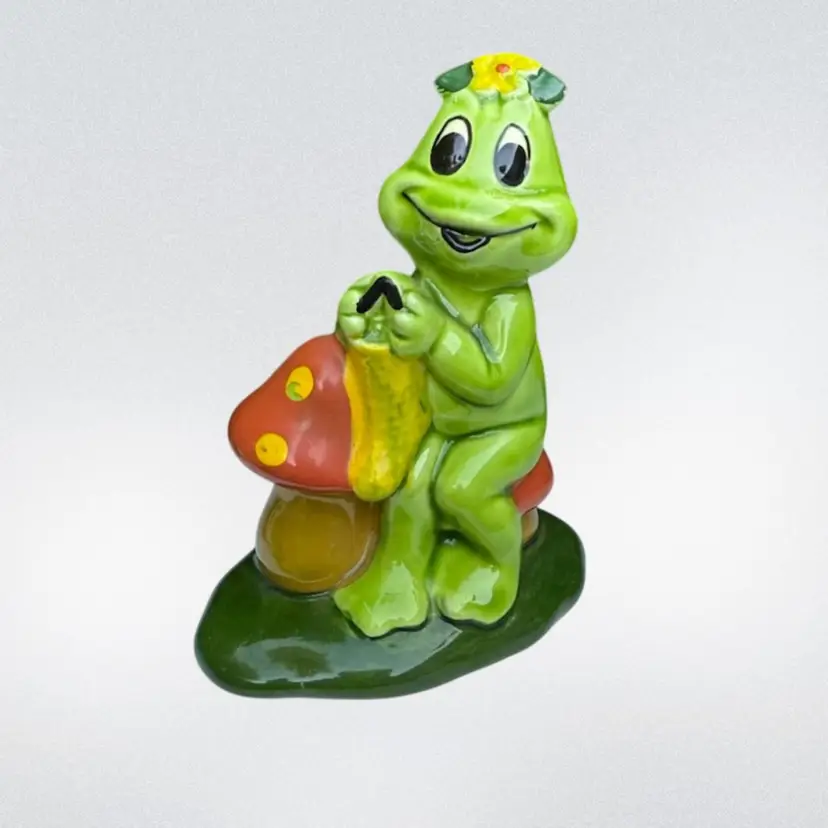 Vintage Lefton Ceramic Frog Knitting on a Mushroom