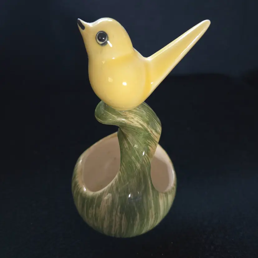 Vintage Pennsbury Pottery " Slick Chick" Yellow Bird On A Green Gourd Ceramic Base