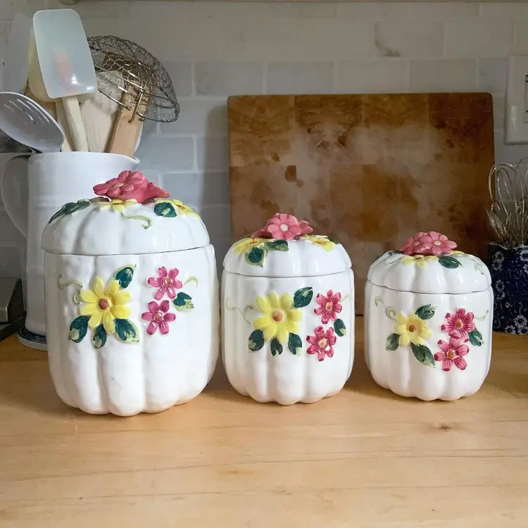 Rare Vintage Mid-Century Figural Pumpkin White Ceramic Kitchen Canisters w/ 3D Colourful Butterflies and Flowers, Enterprise Sales & Distributors, Japan