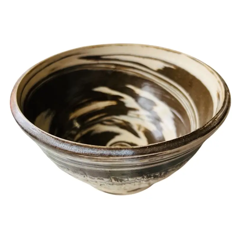 Handmade Signed Pottery Bowl Brown Cream Swirl 3 1/2 Inches Tall By 6 1/4 Inches Wide Textured