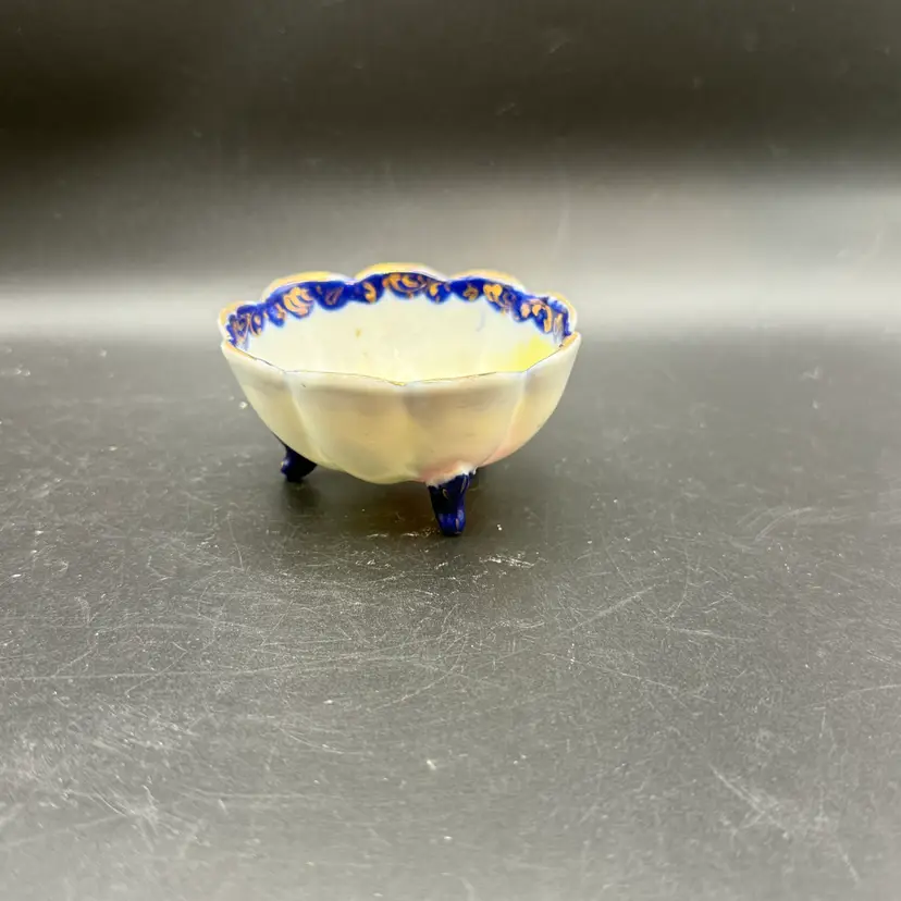 Hand-Painted Japanese Porcelain Bowl With Roses And Cobalt Blue Rim