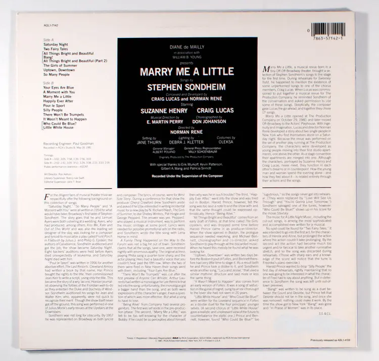 Stephen Sondheim - Marry Me A Little (1986) Vinyl LP • Off-Broadway Soundtrack