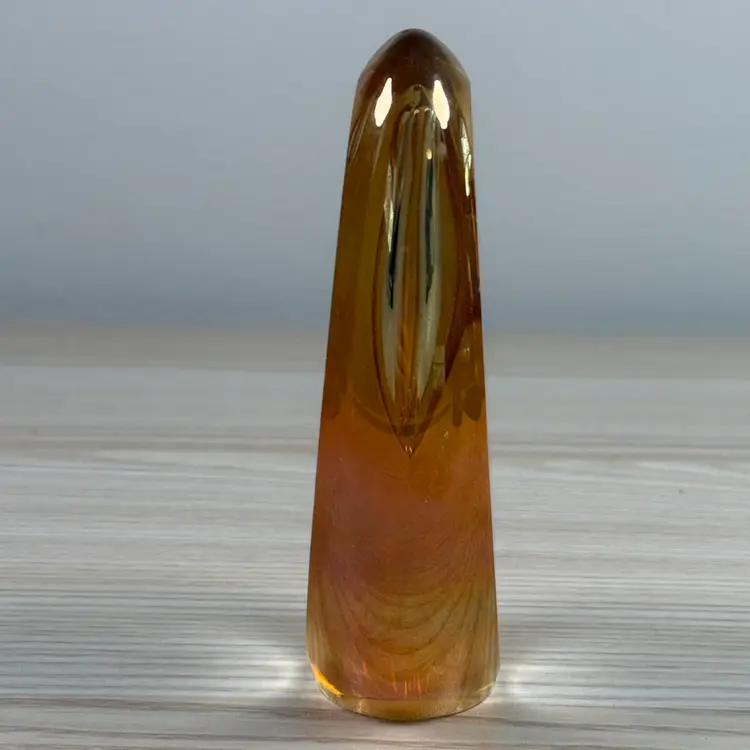 Brian Maytum Oblong Marigold Iridescent Veiled Art Glass Paperweight