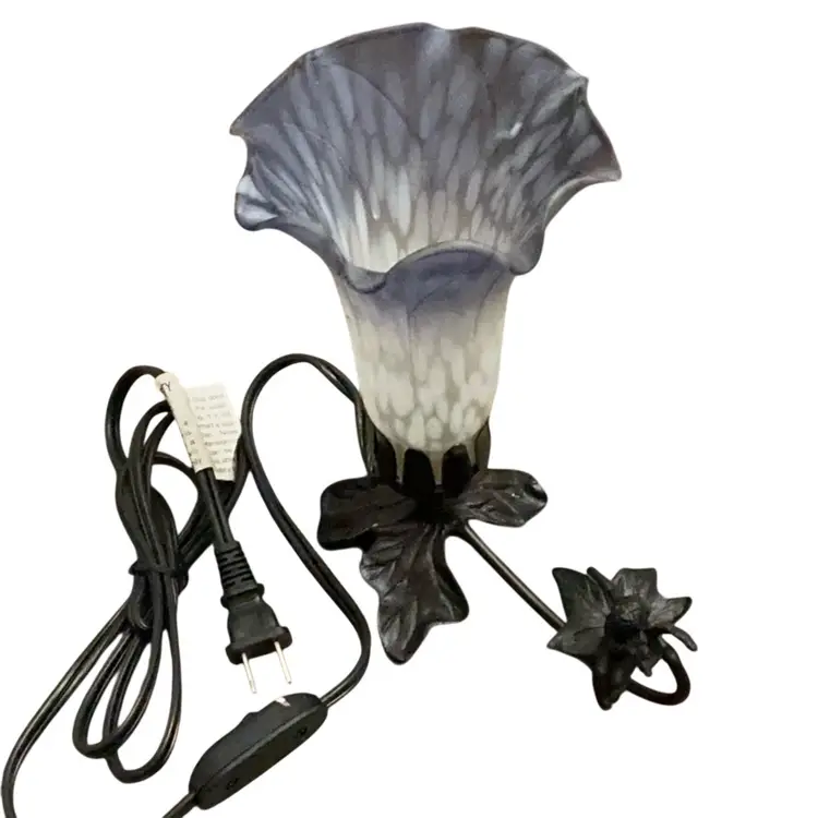 Novelty Table Accent Lamp With Metal Base and Blue And White Glass Lily Shade 8” X 7”