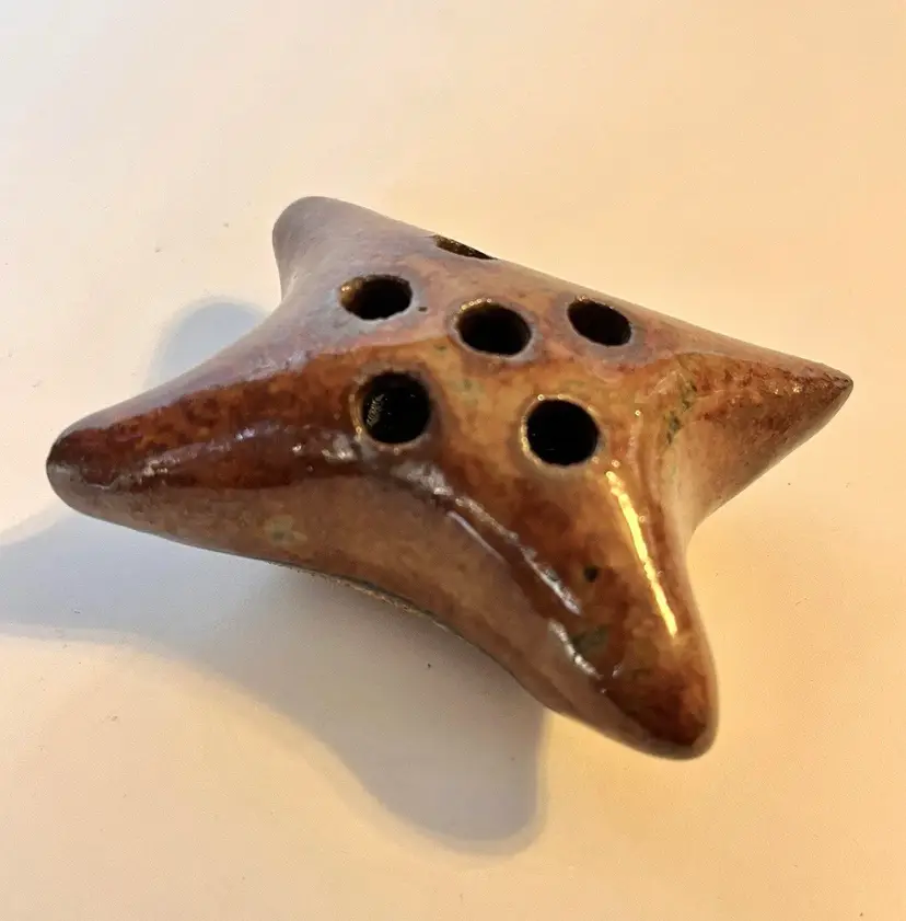 Studio Art Pottery Flower Frog Pillow Vase Earthy Brown Glaze 6 Hole Unsigned 3"