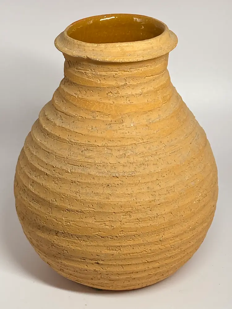 Terracotta Vase w/ Textured Striated Surface & Glazed Interior, 7" Tall
