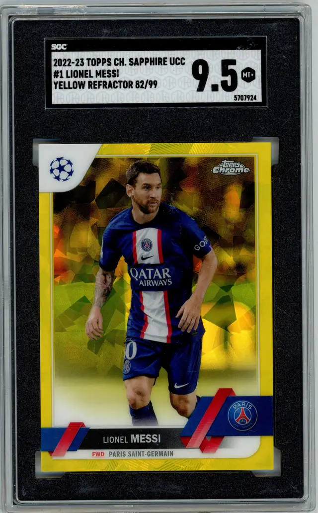 2022-23 Topps Chrome Sapphire UCC LIONEL MESSI /99 Yellow Refractor SP #1 GERMAIN SGC 9.5 MT+