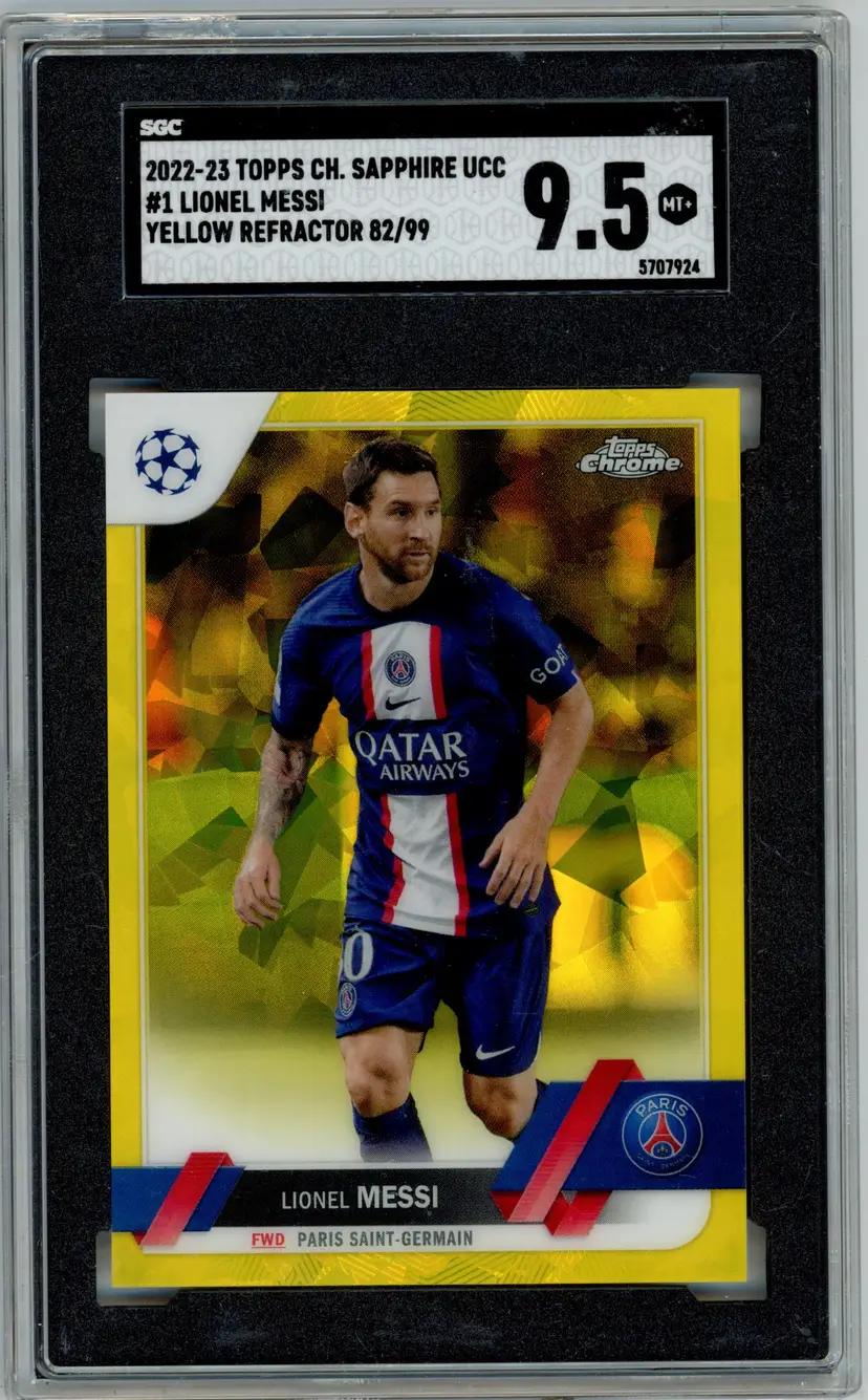 2022-23 Topps Chrome Sapphire UCC LIONEL MESSI /99 Yellow Refractor SP #1 GERMAIN SGC 9.5 MT+