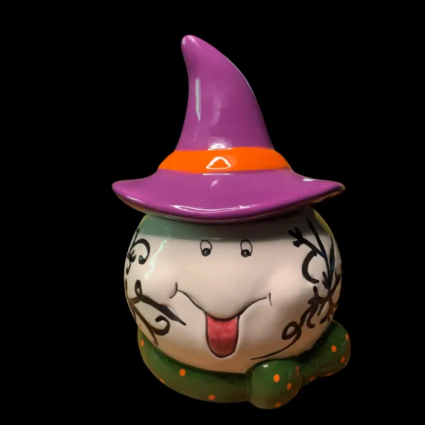 38. Ghost Halloween Cookie Jar Kitchen Worthy Round Pointed Purple Hat