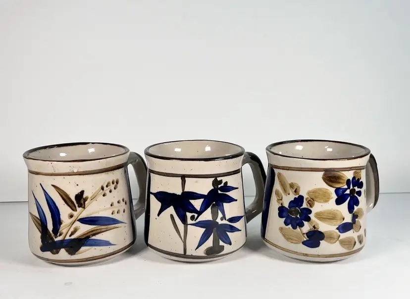 Vintage 1970 Stoneware 3 Brown & Blue Floral Leaf Coffee Mug Tea Hot Cocoa Cup