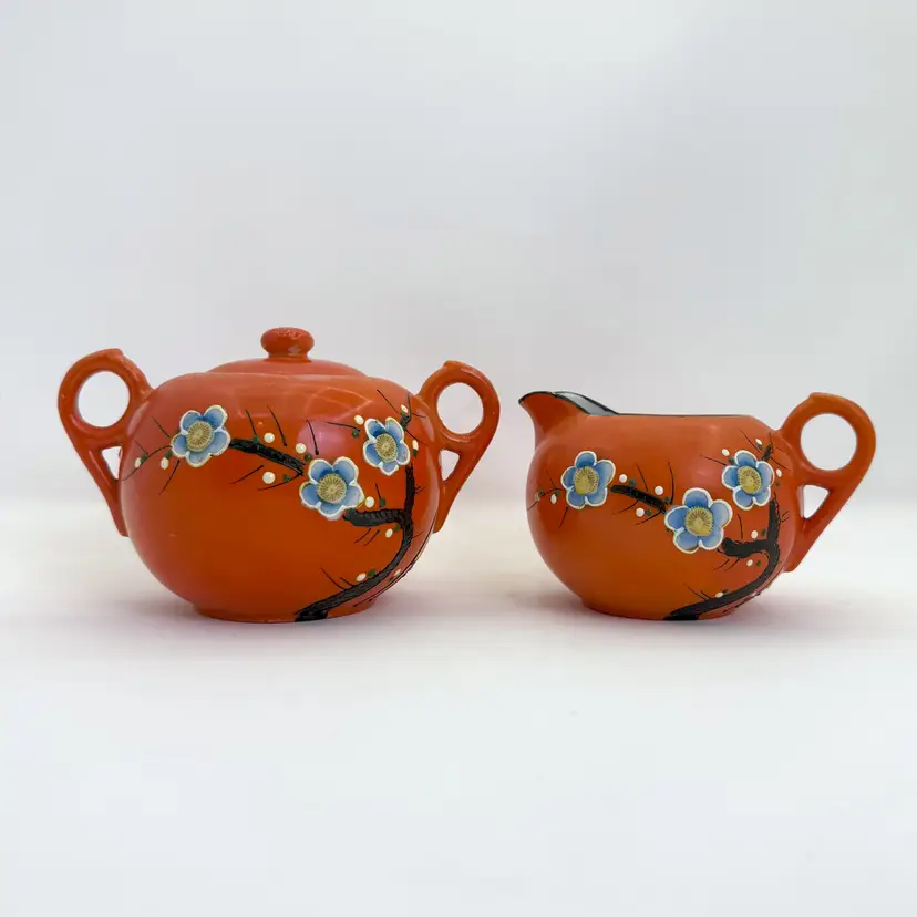 Orange Moriage Sugar & Creamer Set: Blue Blossom Takito Japan Art Deco Porcelain (0221-25)
