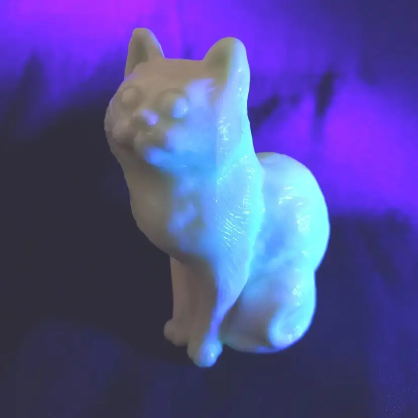 Mosser Cat Glass Figurine Green Tinge at some angles with Blacklight 3" Tall Vintage