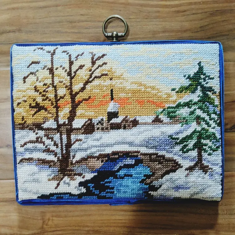 Vtg Needlepoint Country Winter Snow Evergreen Scene Velvet Ribbon Completed OOAK